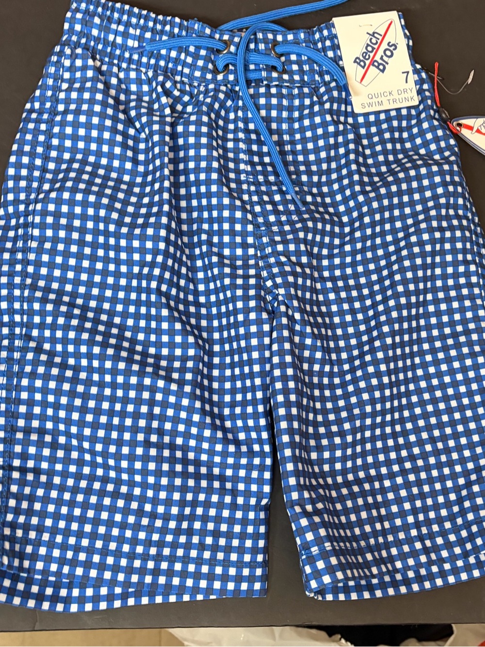 Beach Bros Blue and White Gingham Quick Dry Swim Trunks, size 7